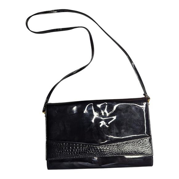 Vtg 1980s Black Croc Embossed Patent Leather Top Flap Envelop Shoulder Bag - Picture 1 of 5